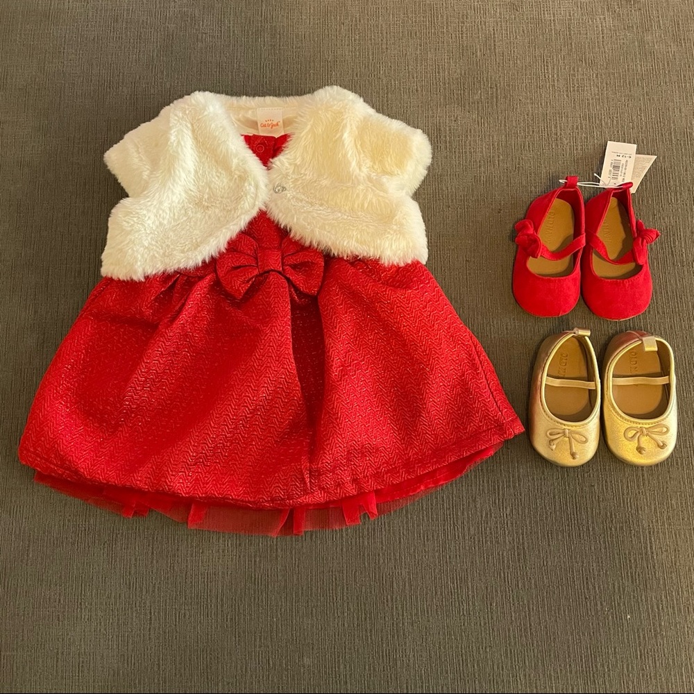 Cat & Jack Red Baby Holiday Christmas Dress Outfit Set With Shoes Size 6-9M
